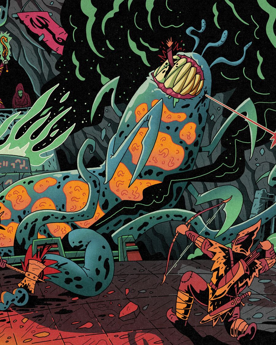 A party fights a spotted, tentacled horror in a torchlit temple while robed cultists watch from an archway.